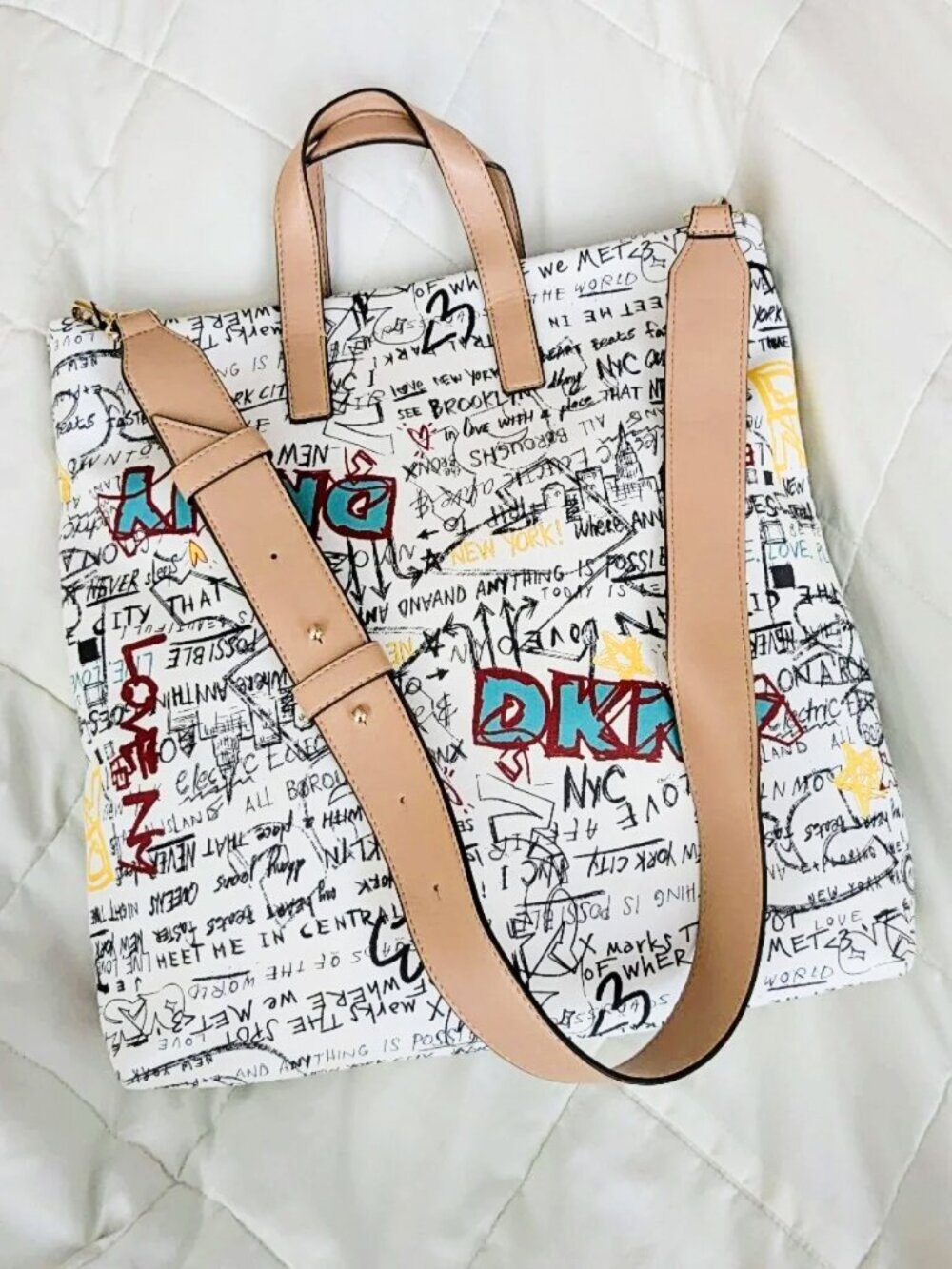 DKNY Tilly Graffiti Tote Bag With Strap White Black Teal Yellow Red NWOT